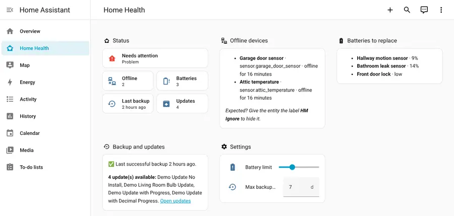 Screenshot of the Home Health dashboard in Home Assistant: status tiles, two offline devices, three batteries to replace, backup and update status, and the settings card